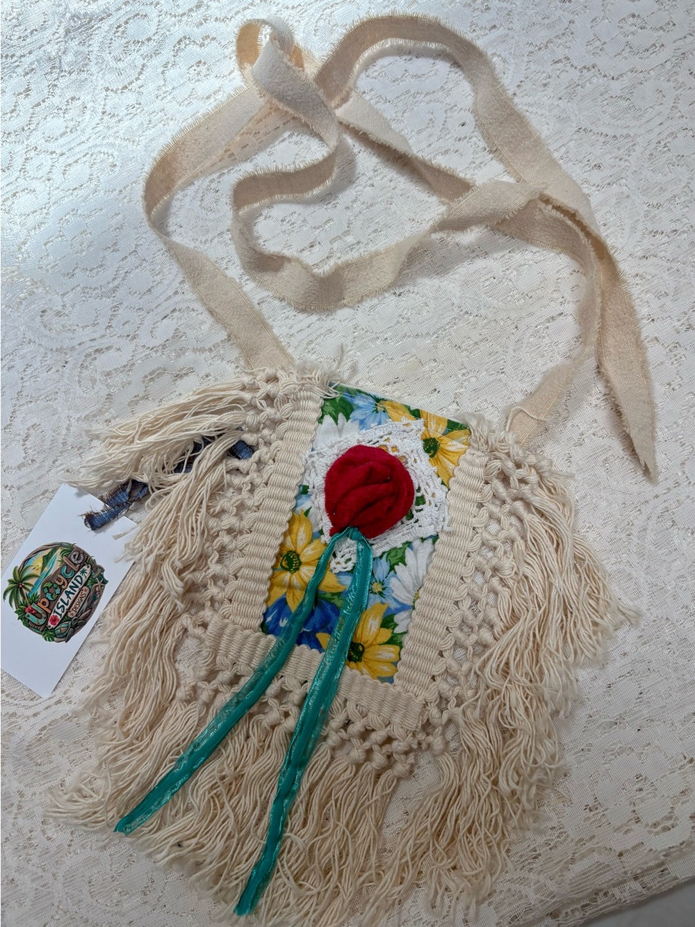 Boho Fringe Jabot Necklace with Floral Panel and Red Rose